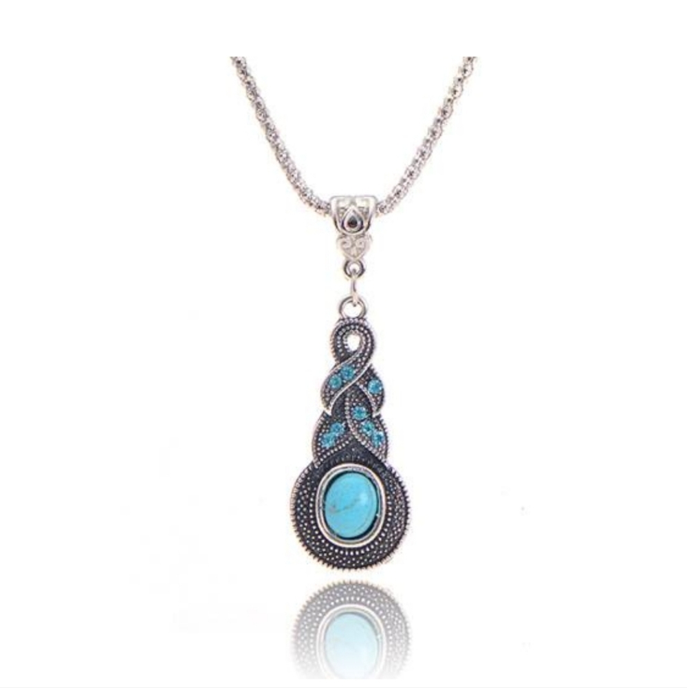 Blue Rhinestone Inlaid Turquoise Drop Earrings & Necklace Set Original Design - Picture 2 of 7